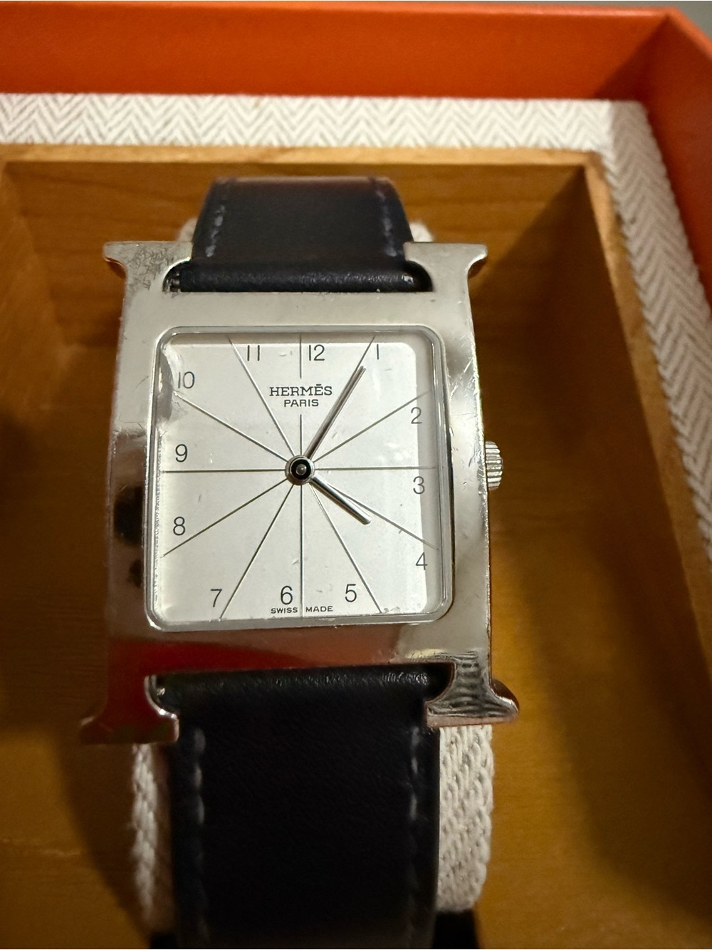 Hermès Black Leather Silver Dial H-Frame Watch
